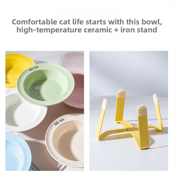 Керамична котешка купа за храна и вода на висока стойка с защита на шията и метална рамка, автоматично хранене