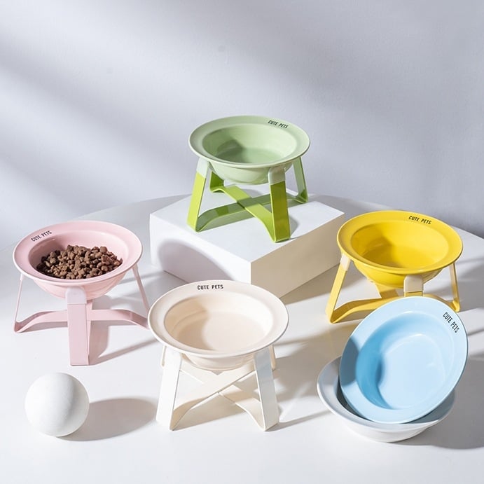 Керамична котешка купа за храна и вода на висока стойка с защита на шията и метална рамка, автоматично хранене