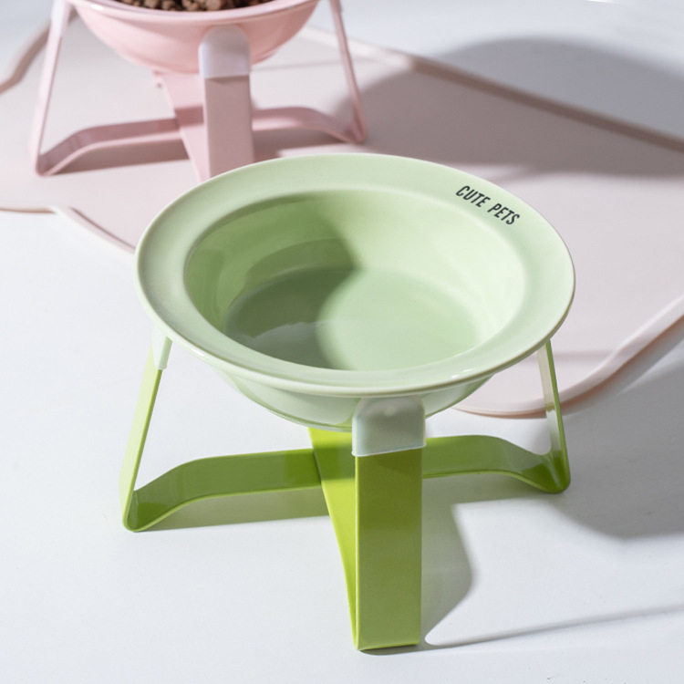 Керамична котешка купа за храна и вода на висока стойка с защита на шията и метална рамка, автоматично хранене