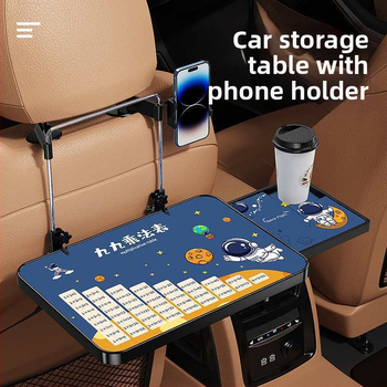 Automobiļa neliels koka galdiņš ar saliekamu galdu pie vadītāja; aizmugures sēdekļa galds ēšanai un mājasdarbiem; sienas stiprinājums atzveltnei; universāls derīgums