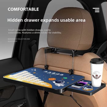 Automobiļa neliels koka galdiņš ar saliekamu galdu pie vadītāja; aizmugures sēdekļa galds ēšanai un mājasdarbiem; sienas stiprinājums atzveltnei; universāls derīgums