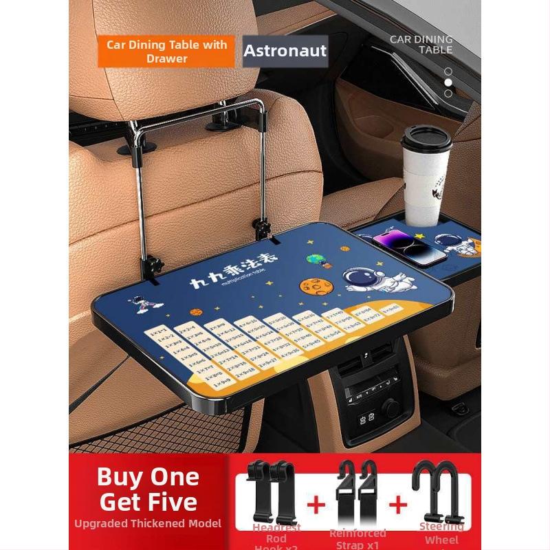 Automobiļa neliels koka galdiņš ar saliekamu galdu pie vadītāja; aizmugures sēdekļa galds ēšanai un mājasdarbiem; sienas stiprinājums atzveltnei; universāls derīgums