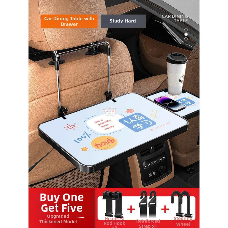 Automobiļa neliels koka galdiņš ar saliekamu galdu pie vadītāja; aizmugures sēdekļa galds ēšanai un mājasdarbiem; sienas stiprinājums atzveltnei; universāls derīgums