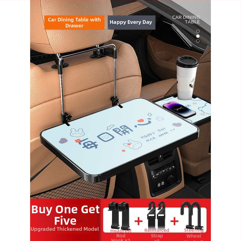 Automobiļa neliels koka galdiņš ar saliekamu galdu pie vadītāja; aizmugures sēdekļa galds ēšanai un mājasdarbiem; sienas stiprinājums atzveltnei; universāls derīgums