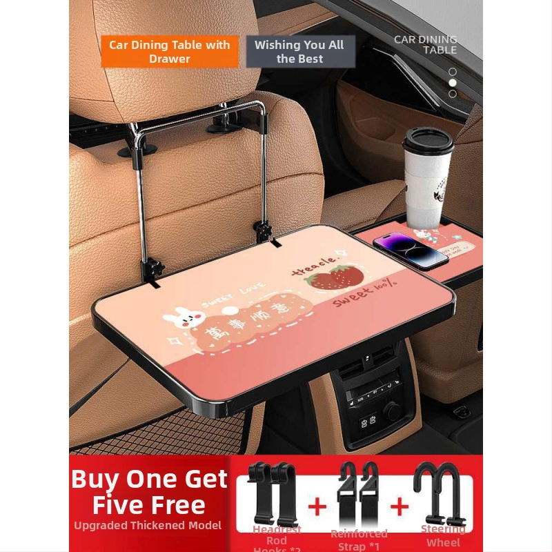 Automobiļa neliels koka galdiņš ar saliekamu galdu pie vadītāja; aizmugures sēdekļa galds ēšanai un mājasdarbiem; sienas stiprinājums atzveltnei; universāls derīgums