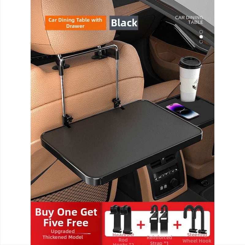 Automobiļa neliels koka galdiņš ar saliekamu galdu pie vadītāja; aizmugures sēdekļa galds ēšanai un mājasdarbiem; sienas stiprinājums atzveltnei; universāls derīgums