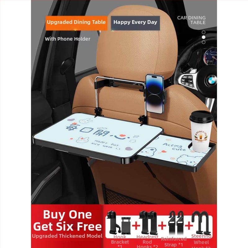 Automobiļa neliels koka galdiņš ar saliekamu galdu pie vadītāja; aizmugures sēdekļa galds ēšanai un mājasdarbiem; sienas stiprinājums atzveltnei; universāls derīgums