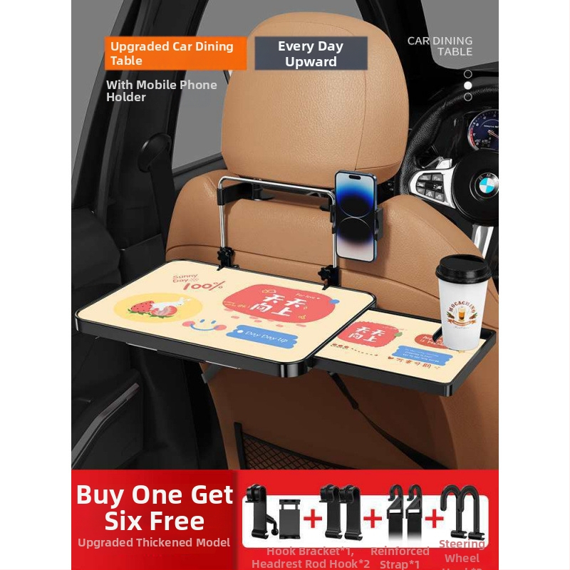 Automobiļa neliels koka galdiņš ar saliekamu galdu pie vadītāja; aizmugures sēdekļa galds ēšanai un mājasdarbiem; sienas stiprinājums atzveltnei; universāls derīgums