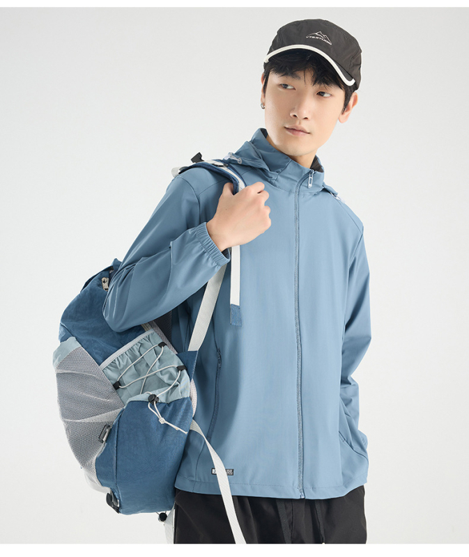 Išorinė vėjo atsparumo striukė su Ice Silk Original Yarn; UPF50+ UV apsauga; lengva, kvėpuojanti, greitai džiūsta; 87% nailonas, 13% spandeksas; su gobtuvu