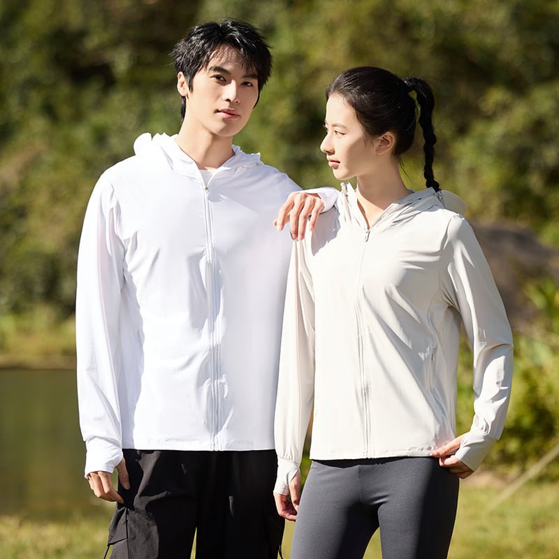 Unisex striukė su gobtuvu, lengva UV apsauga UPF50+, Ice Silk nailonas, dryžių raštas, įprastas kirpimas