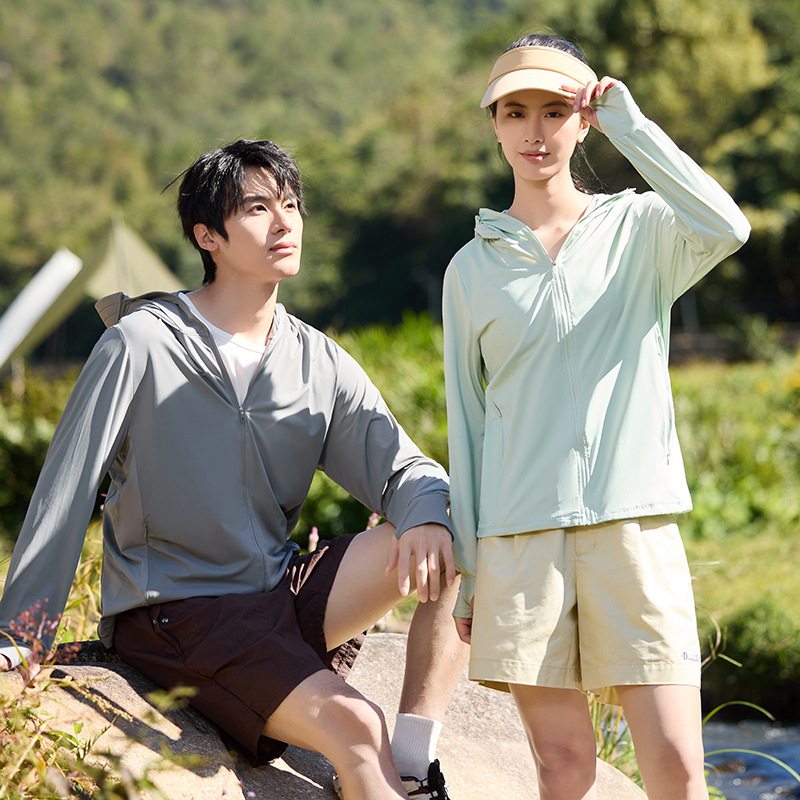 Unisex striukė su gobtuvu, lengva UV apsauga UPF50+, Ice Silk nailonas, dryžių raštas, įprastas kirpimas