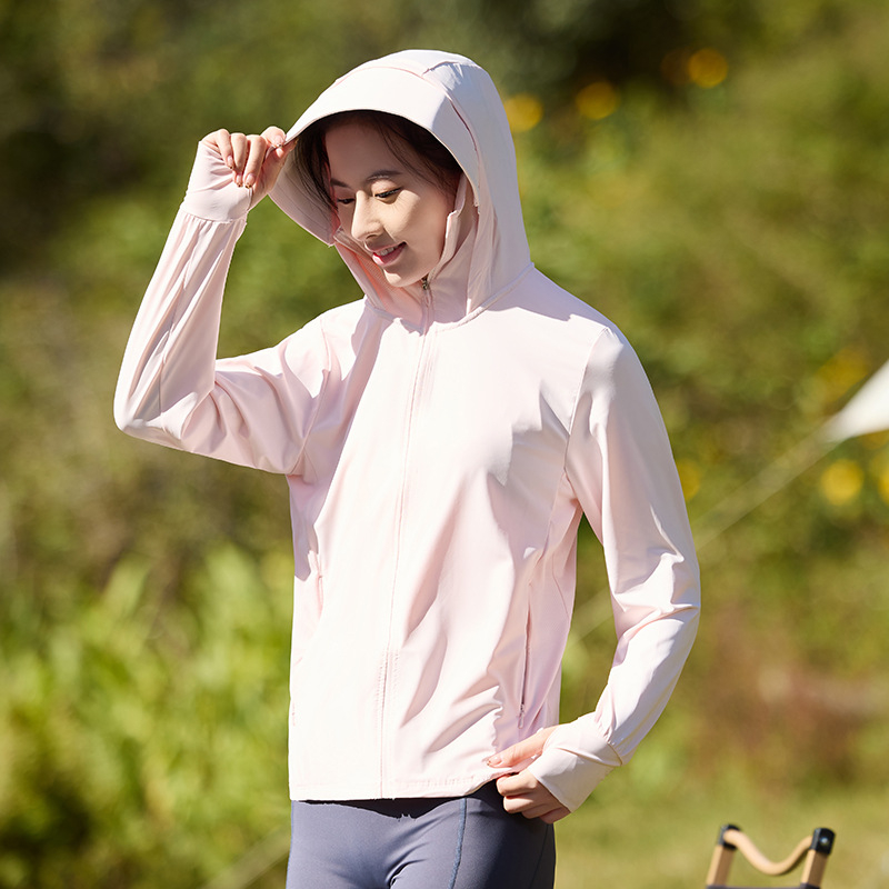 Unisex striukė su gobtuvu, lengva UV apsauga UPF50+, Ice Silk nailonas, dryžių raštas, įprastas kirpimas