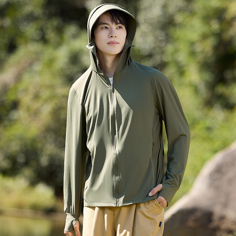 Unisex striukė su gobtuvu, lengva UV apsauga UPF50+, Ice Silk nailonas, dryžių raštas, įprastas kirpimas