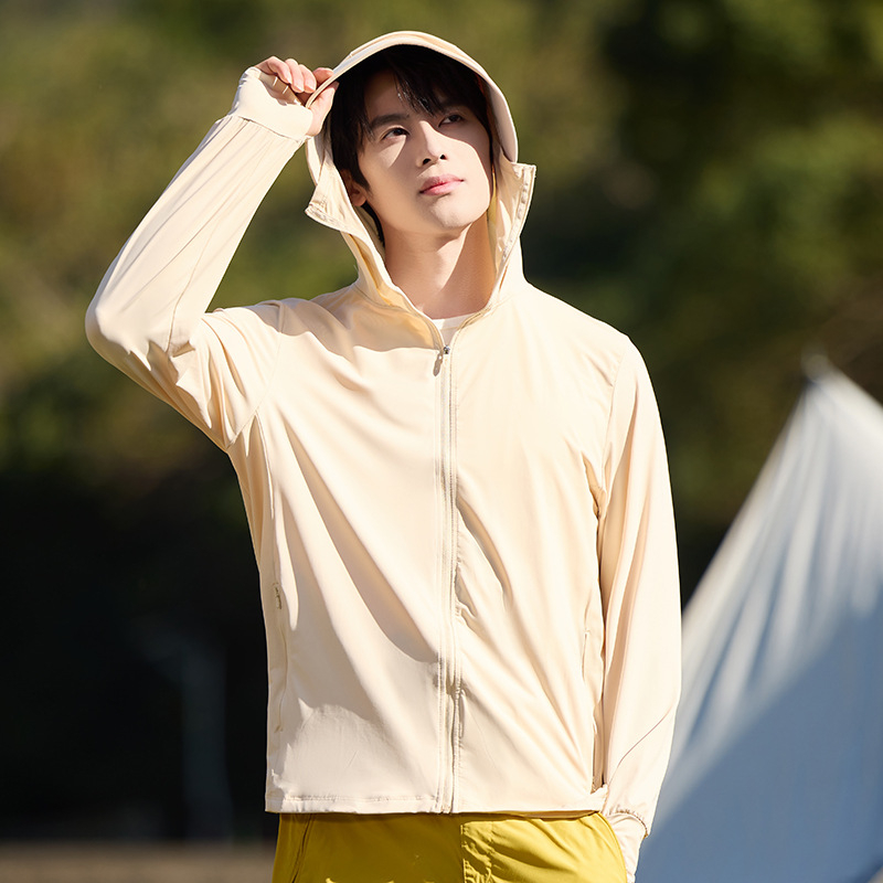 Unisex striukė su gobtuvu, lengva UV apsauga UPF50+, Ice Silk nailonas, dryžių raštas, įprastas kirpimas