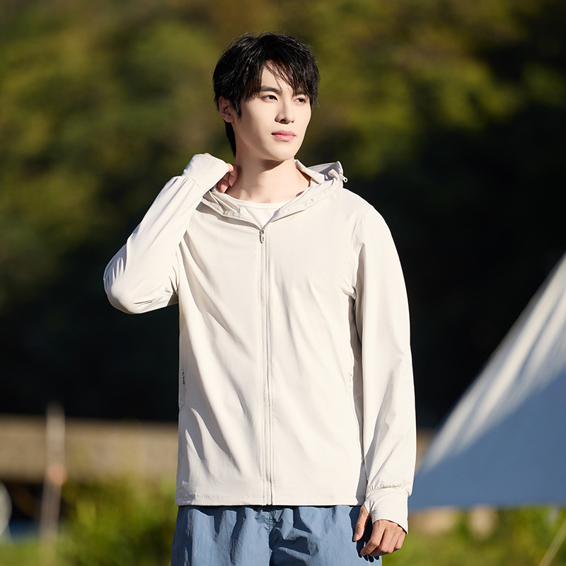 Unisex striukė su gobtuvu, lengva UV apsauga UPF50+, Ice Silk nailonas, dryžių raštas, įprastas kirpimas