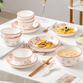 Rankų darbo keramikinis pietų komplektas su persikų raštu (dubuo, lėkštės, sriubos dubuo) - Jingdezhen kilmė, Jing Chuan prekės ženklas, animacinio stiliaus, šviežias ir mielas