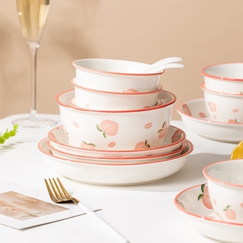 Rankų darbo keramikinis pietų komplektas su persikų raštu (dubuo, lėkštės, sriubos dubuo) - Jingdezhen kilmė, Jing Chuan prekės ženklas, animacinio stiliaus, šviežias ir mielas