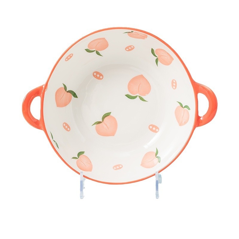 Rankų darbo keramikinis pietų komplektas su persikų raštu (dubuo, lėkštės, sriubos dubuo) - Jingdezhen kilmė, Jing Chuan prekės ženklas, animacinio stiliaus, šviežias ir mielas