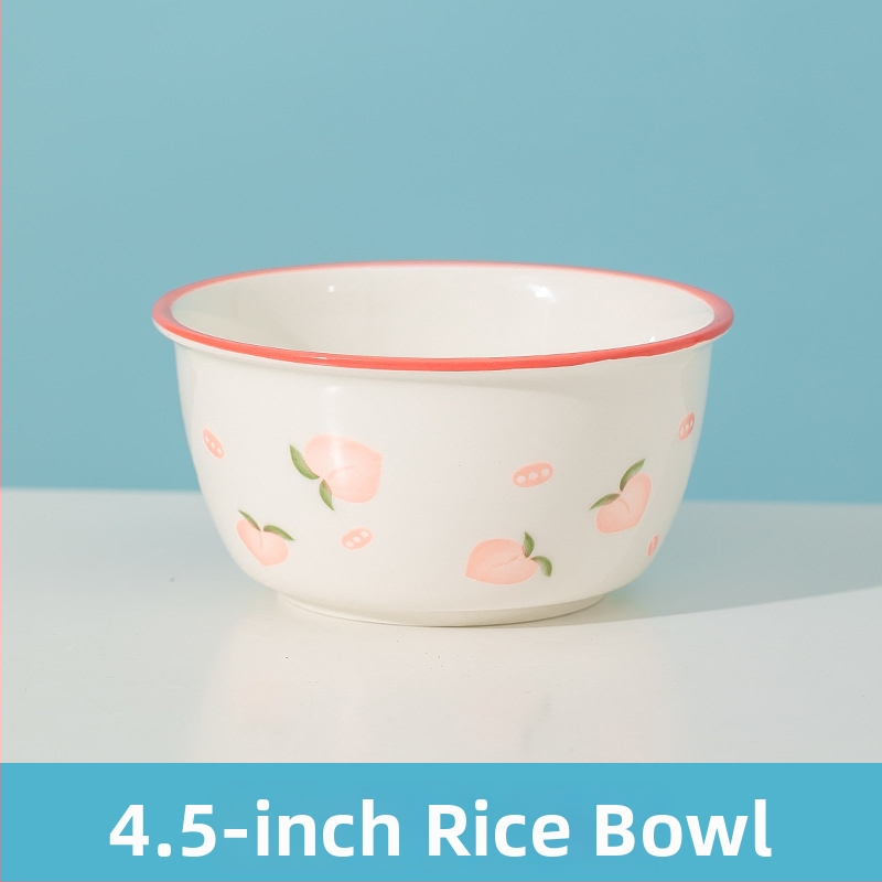 Rankų darbo keramikinis pietų komplektas su persikų raštu (dubuo, lėkštės, sriubos dubuo) - Jingdezhen kilmė, Jing Chuan prekės ženklas, animacinio stiliaus, šviežias ir mielas