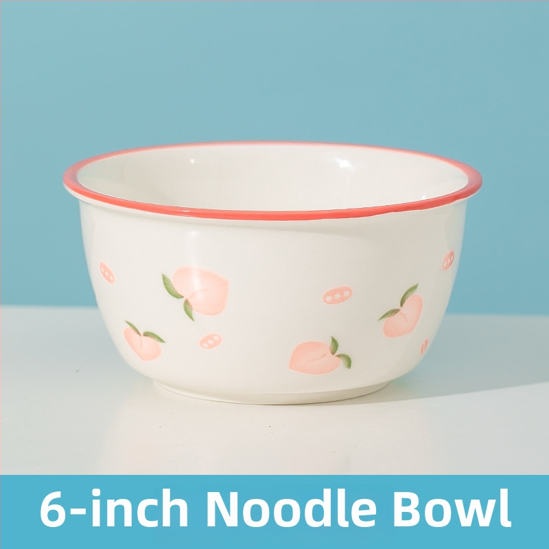 Rankų darbo keramikinis pietų komplektas su persikų raštu (dubuo, lėkštės, sriubos dubuo) - Jingdezhen kilmė, Jing Chuan prekės ženklas, animacinio stiliaus, šviežias ir mielas