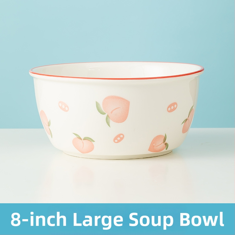 Rankų darbo keramikinis pietų komplektas su persikų raštu (dubuo, lėkštės, sriubos dubuo) - Jingdezhen kilmė, Jing Chuan prekės ženklas, animacinio stiliaus, šviežias ir mielas