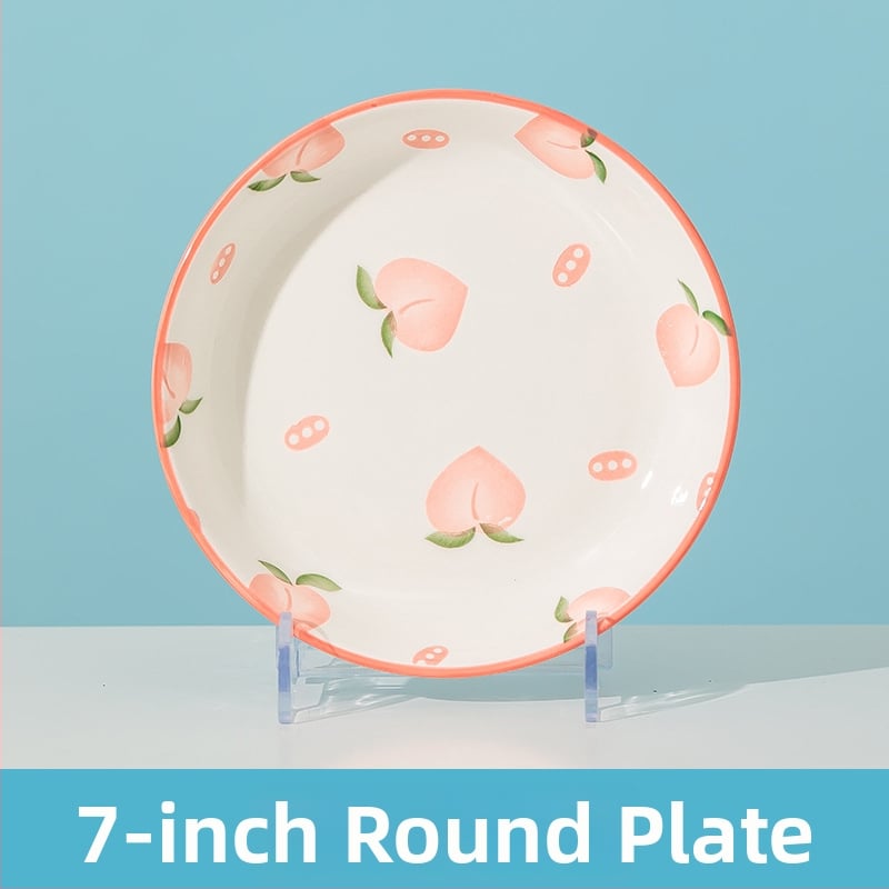 Rankų darbo keramikinis pietų komplektas su persikų raštu (dubuo, lėkštės, sriubos dubuo) - Jingdezhen kilmė, Jing Chuan prekės ženklas, animacinio stiliaus, šviežias ir mielas