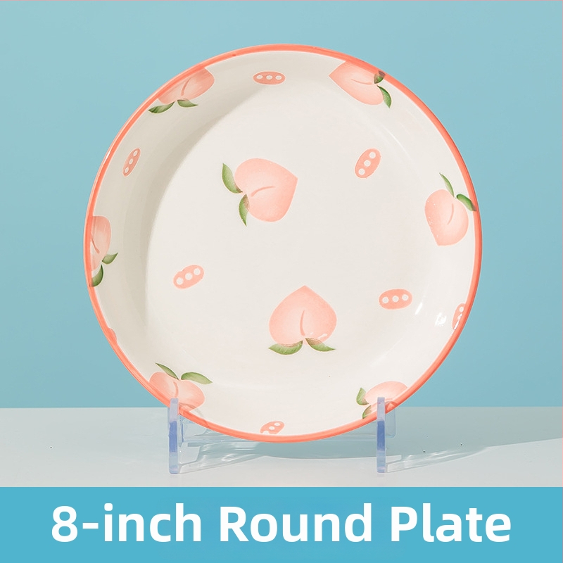 Rankų darbo keramikinis pietų komplektas su persikų raštu (dubuo, lėkštės, sriubos dubuo) - Jingdezhen kilmė, Jing Chuan prekės ženklas, animacinio stiliaus, šviežias ir mielas