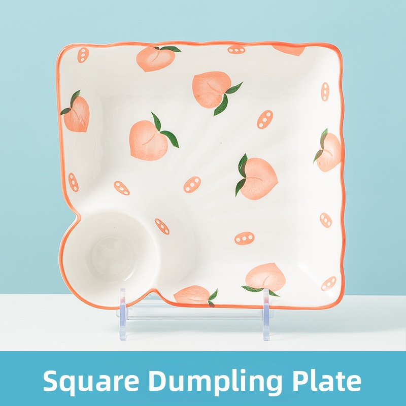 Rankų darbo keramikinis pietų komplektas su persikų raštu (dubuo, lėkštės, sriubos dubuo) - Jingdezhen kilmė, Jing Chuan prekės ženklas, animacinio stiliaus, šviežias ir mielas