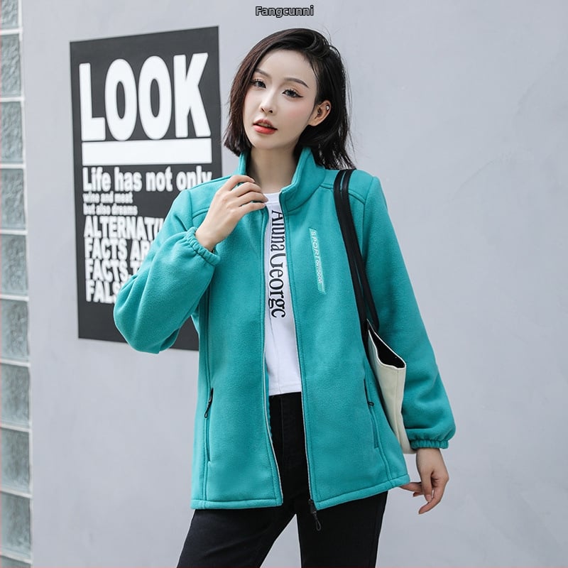 Γυναικείο φλις μπουφάν για φθινόπωρο, μείγμα χημικών ινών, χωρίς κουκούλα