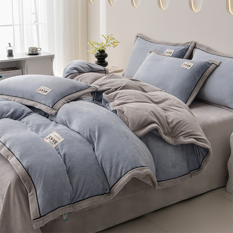 Četverodjelni set posteljine od mliječnog velura s aplikacijama, dvostrani pliš, zimski, teška težina, navlaka za pokrivač i plahti
