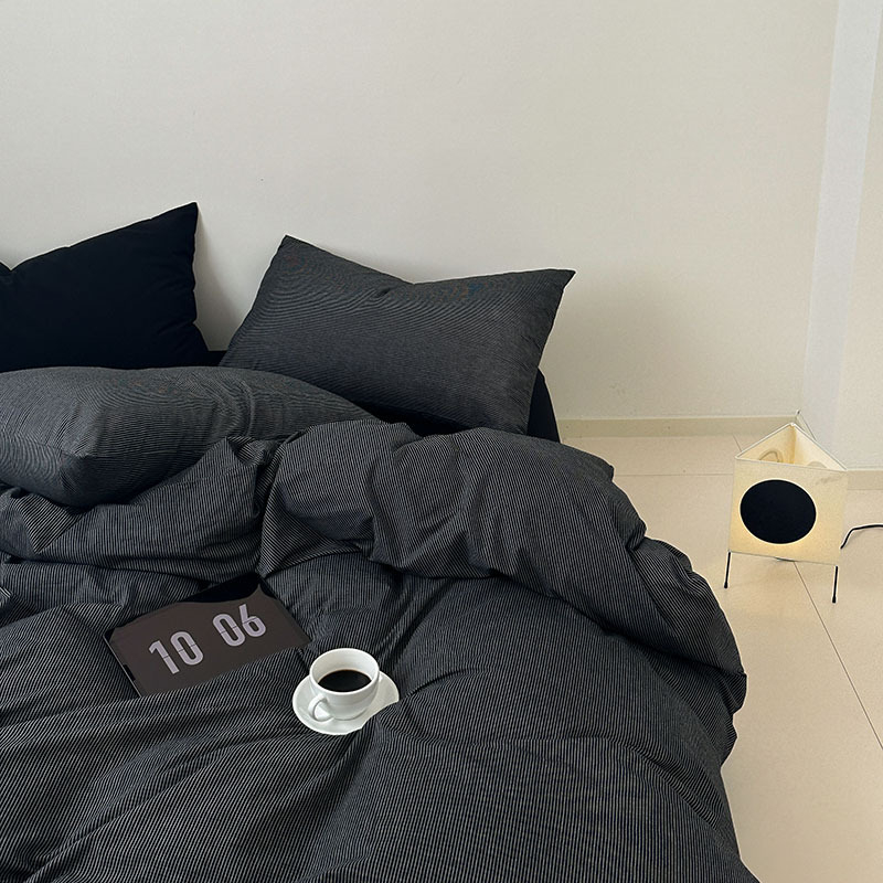 Crna 100% pamuk, četverodijelni set: Klasa A duga vlakna pamuk, minimalistički stil, oprani pamuk, navlaka za pokrivač, plahta i dvije jastučnice