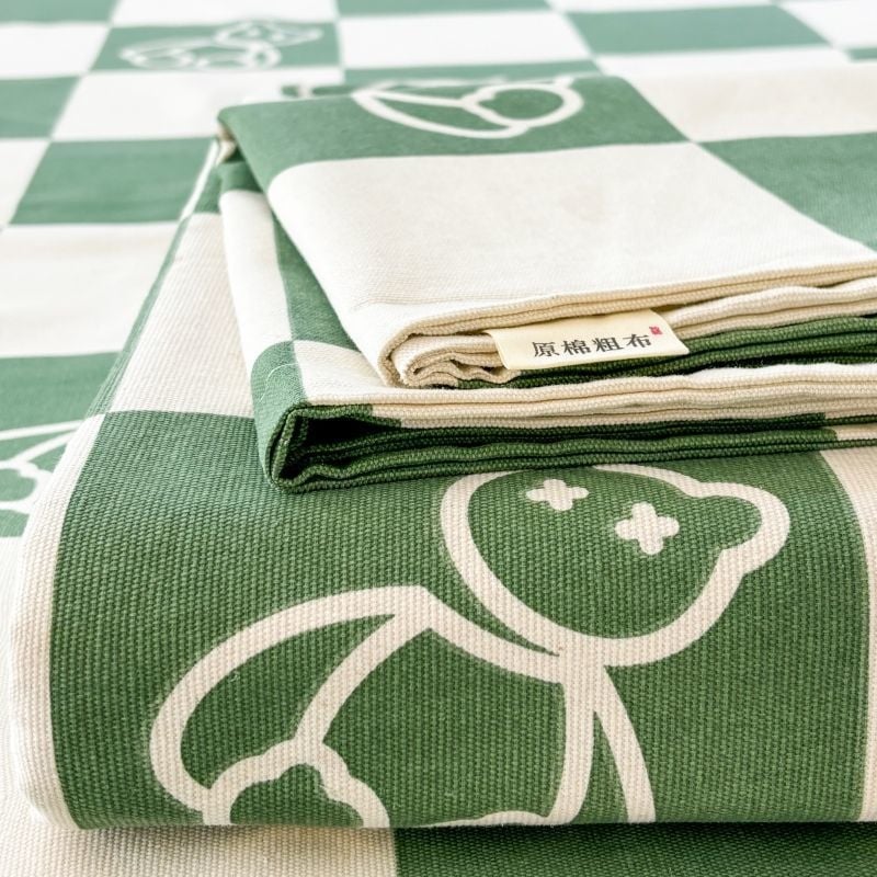 Tro-djelni set plahte od grubog pamuka za dvokrevetnu postelju, jednobojna zelena