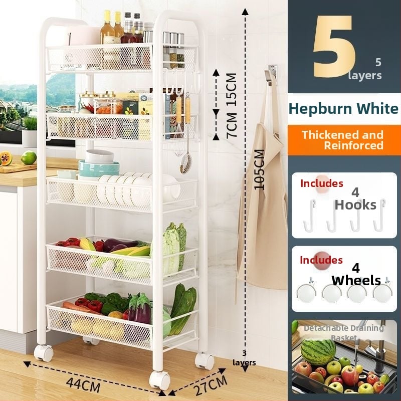 Sešas līmeņu nerūsējošā tērauda mobilais uzglabāšanas plaukts ar riteņiem, grīdā stāvošs, piemērots virtuvei un guļamistabai (6 līmeņi; nerūsējošs tērauds; riteņi)