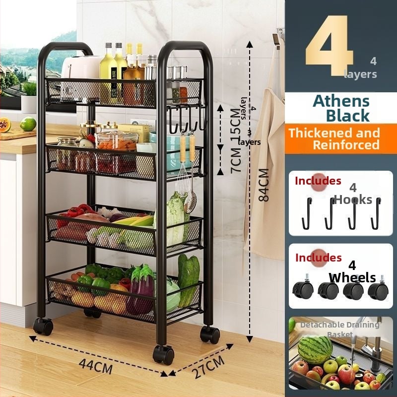 Sešas līmeņu nerūsējošā tērauda mobilais uzglabāšanas plaukts ar riteņiem, grīdā stāvošs, piemērots virtuvei un guļamistabai (6 līmeņi; nerūsējošs tērauds; riteņi)