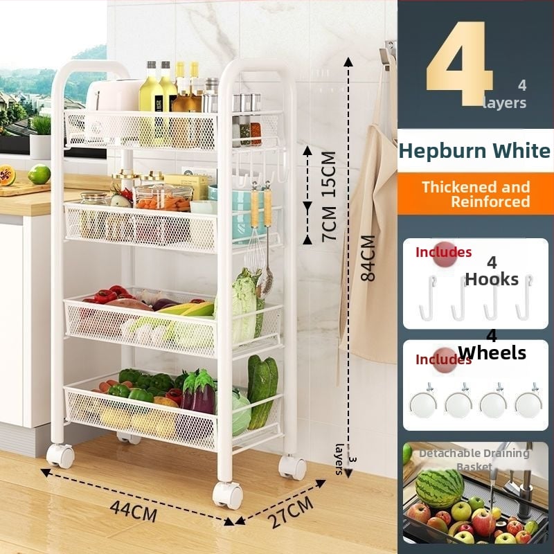 Sešas līmeņu nerūsējošā tērauda mobilais uzglabāšanas plaukts ar riteņiem, grīdā stāvošs, piemērots virtuvei un guļamistabai (6 līmeņi; nerūsējošs tērauds; riteņi)