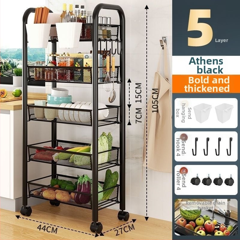 Sešas līmeņu nerūsējošā tērauda mobilais uzglabāšanas plaukts ar riteņiem, grīdā stāvošs, piemērots virtuvei un guļamistabai (6 līmeņi; nerūsējošs tērauds; riteņi)