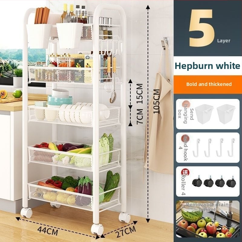 Sešas līmeņu nerūsējošā tērauda mobilais uzglabāšanas plaukts ar riteņiem, grīdā stāvošs, piemērots virtuvei un guļamistabai (6 līmeņi; nerūsējošs tērauds; riteņi)