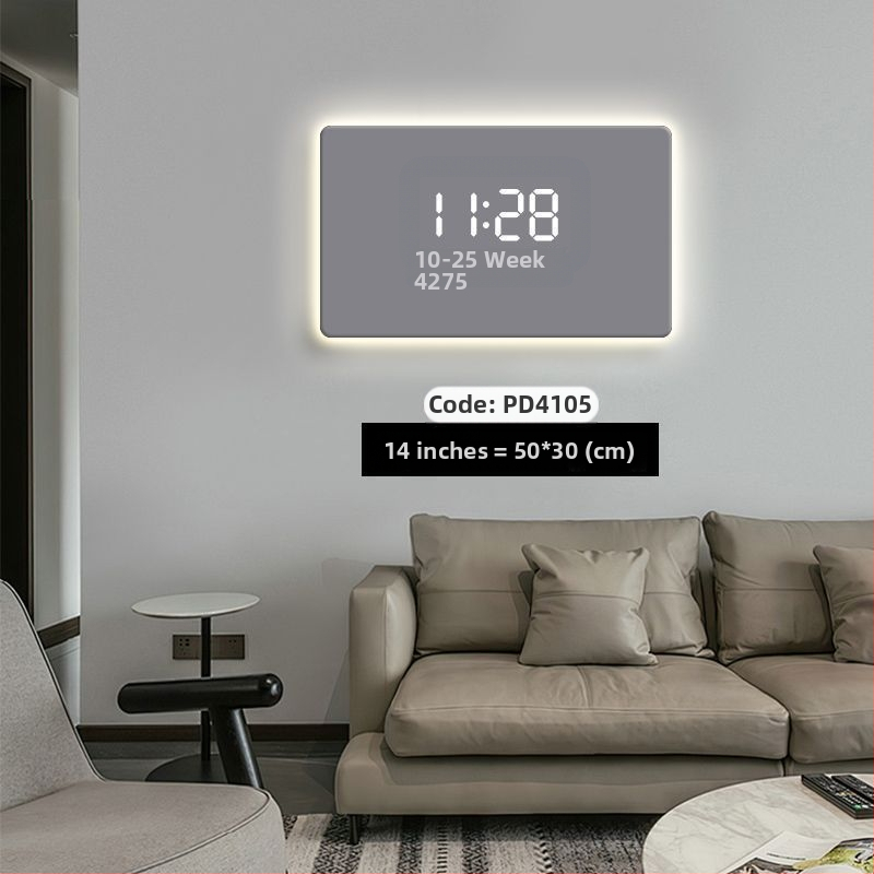 Taisnstūra sienas pulkstenis ar digitālo displeju, LED atmosfēras apgaismojumu, ārēja barošana un lecējošu sekundes kustību