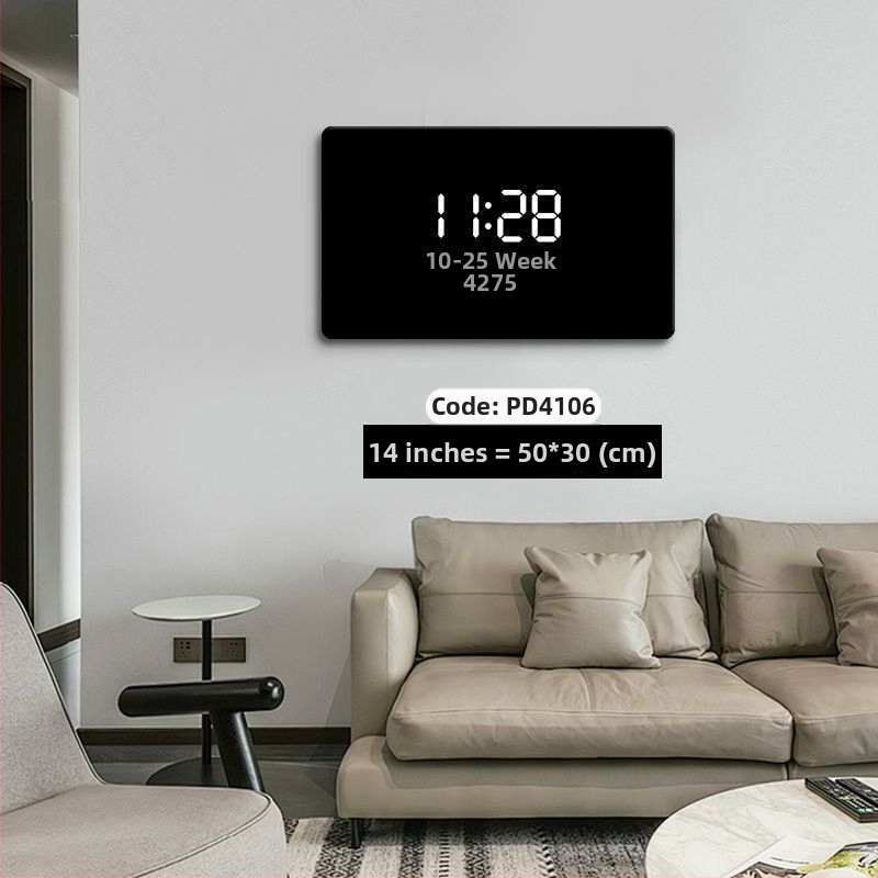 Taisnstūra sienas pulkstenis ar digitālo displeju, LED atmosfēras apgaismojumu, ārēja barošana un lecējošu sekundes kustību