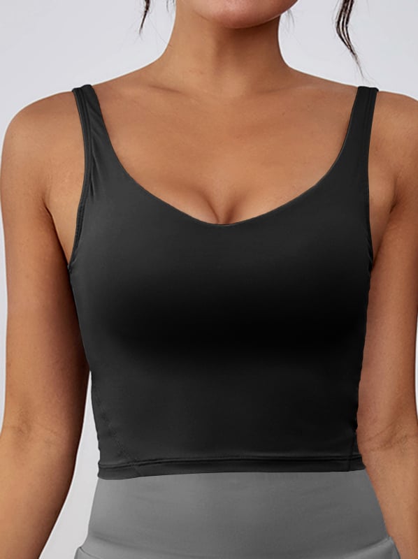 Sporta krūšturis skrējienam un jogai, bez stieplēm, ar noņemamiem pildījumiem, platām plecu siksnām, īss griezums, materiāls: neilons (poliamīds)