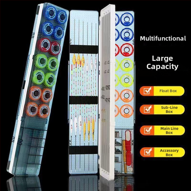 Többcélú horgász úszó doboz 12 úszóval, háromrétegű kialakítás, nagy kapacitás, rekeszek a fő- és mellékágak számára