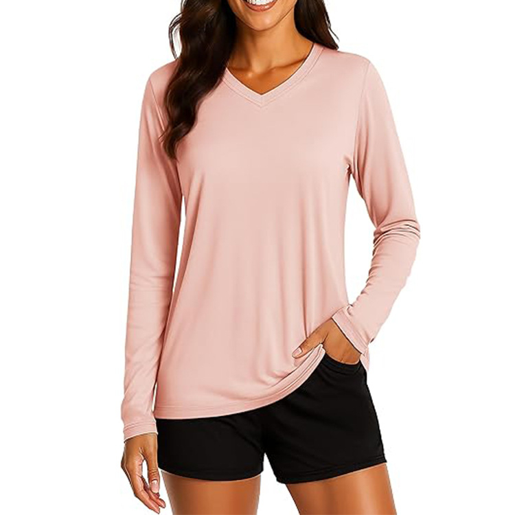 Unisex ilgas rankovės sportinis viršus su V-formos kaklu, UPF50+, greitai džiūsta, kvėpuojantis, atsparus vėjui