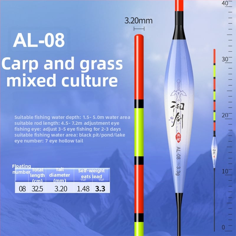 Vertikālais pludiņš ar nano dizainu visām ūdens tilpēm, ar pilnu aci un biezu tukšu asti, augsta jutība, gari metieni