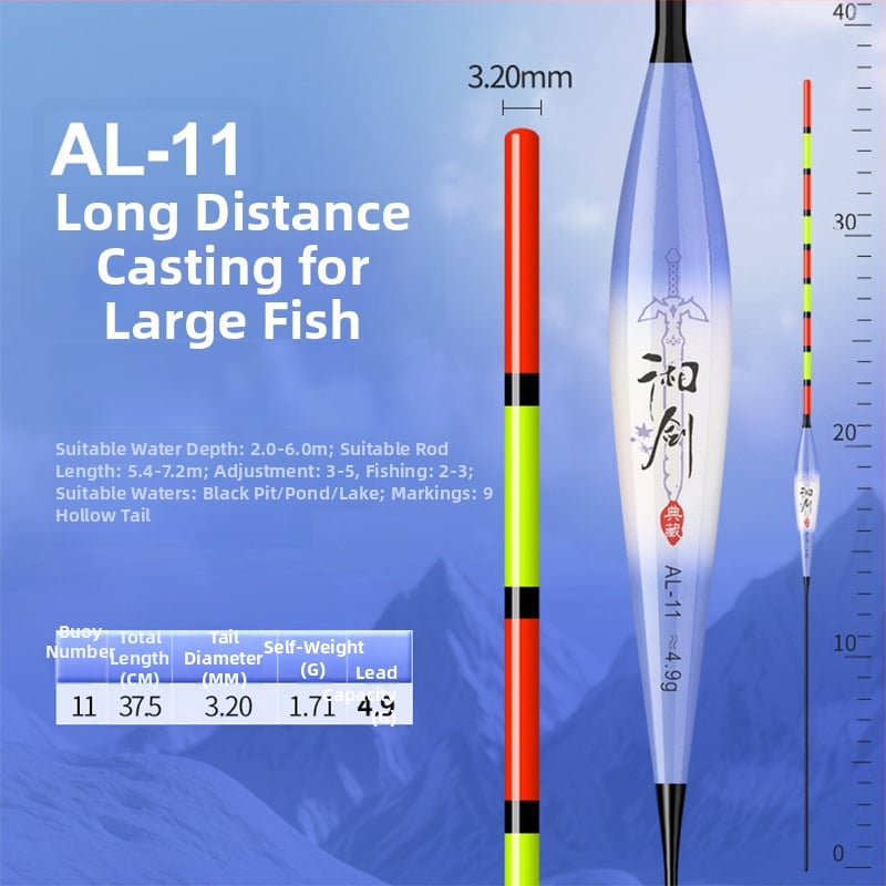 Vertikālais pludiņš ar nano dizainu visām ūdens tilpēm, ar pilnu aci un biezu tukšu asti, augsta jutība, gari metieni