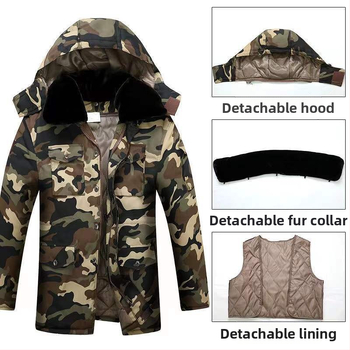 Āra kokvilnas pūkaina jaka ar kamuflāžas rakstu, kapuci, iekšējā flīsa oderē, pildījums poliester-pamats, ūdensnecaurlaidīga.