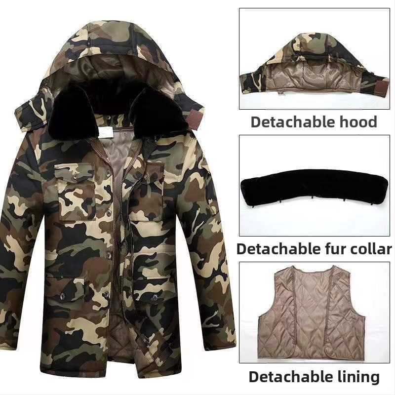 Āra kokvilnas pūkaina jaka ar kamuflāžas rakstu, kapuci, iekšējā flīsa oderē, pildījums poliester-pamats, ūdensnecaurlaidīga.