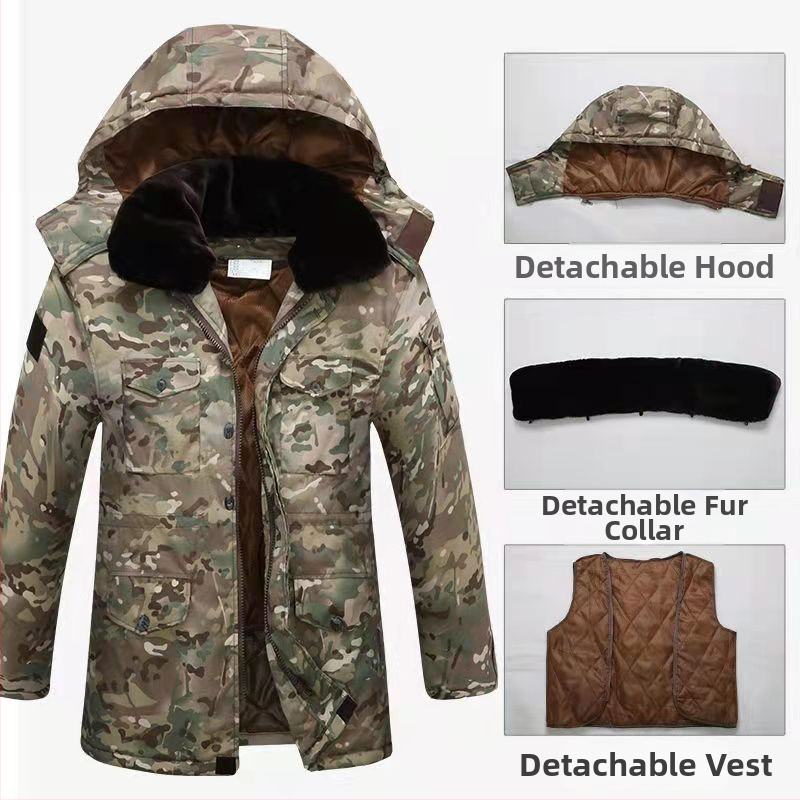 Āra kokvilnas pūkaina jaka ar kamuflāžas rakstu, kapuci, iekšējā flīsa oderē, pildījums poliester-pamats, ūdensnecaurlaidīga.