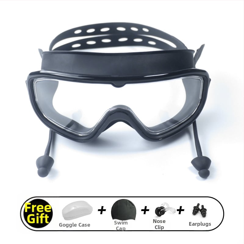 Γυαλιά κολύμβησης με μεγάλους φακούς, αντιθαμβωτικά, αδιάβροχα, PC φακοί, για ενήλικες, σετ με κλιπ μύτης και σκουφάκι κολύμβησης