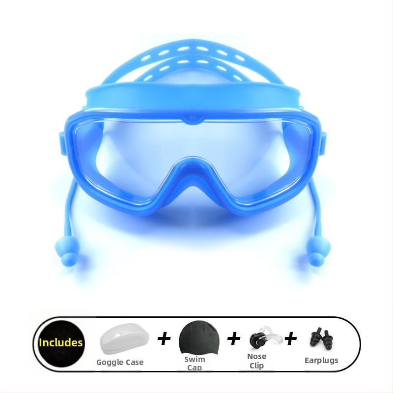 Γυαλιά κολύμβησης με μεγάλους φακούς, αντιθαμβωτικά, αδιάβροχα, PC φακοί, για ενήλικες, σετ με κλιπ μύτης και σκουφάκι κολύμβησης