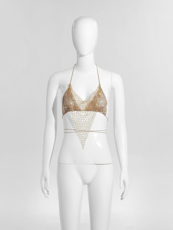Bikīni tops ar tīklu un kristāliem, halter ar šņuru